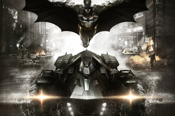 Batman: Arkham Knight. Batman flies with his wings outstretched