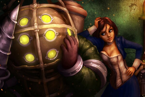 Ilustración sobre el tema del juego BioShock con una chica
