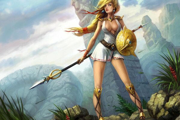 An Amazon girl with a shield and a spear in the wind stands on a mountain near a statue