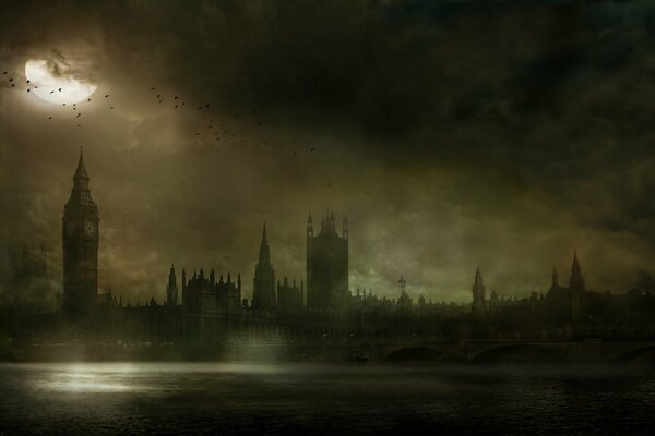 Londres sombre dans le brouillard à la pleine lune