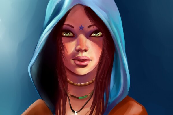 A green-eyed girl in a blue hood and a blue star in her forehead