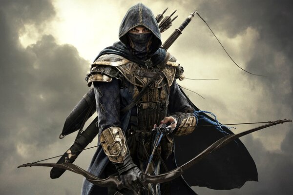 In the photo, an assassin with a bow and arrow