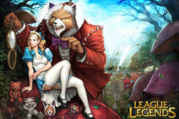 Alice from Wonderland with a bear, a rabbit and a clock