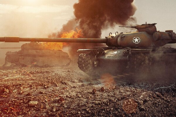 Tank on the background of a burning enemy