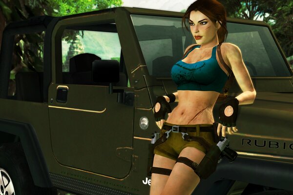 Ein Bild von lara crofts spiel in der Nähe eines SUV