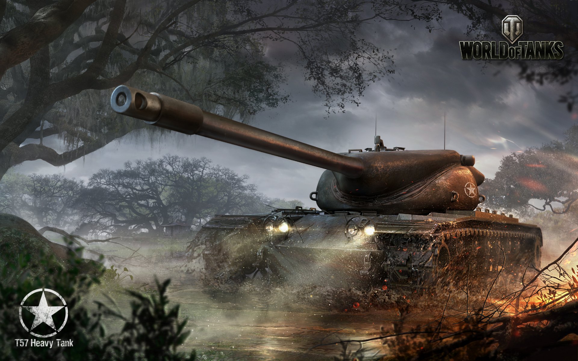 wargaming neto mundo de los tanques wot t57 tanque pesado tanque americano ee.uu. árboles niebla fuego luz tronco hierro cabaña nubes agua barro arbusto logotipo tanque nombres tanque americano pesado tanque pesado wg