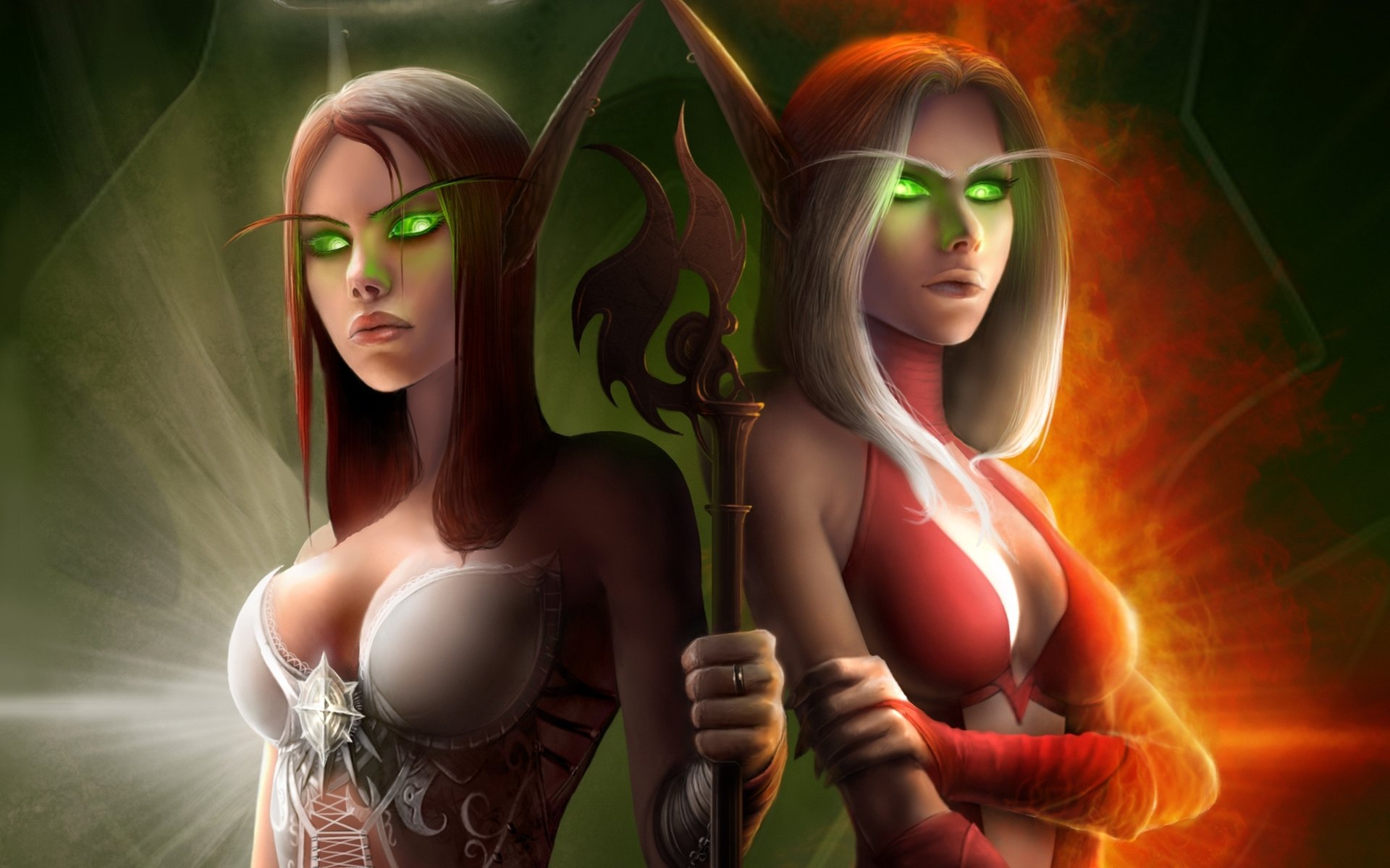 world of warcraft wow elf suits staff burning eyes light flame