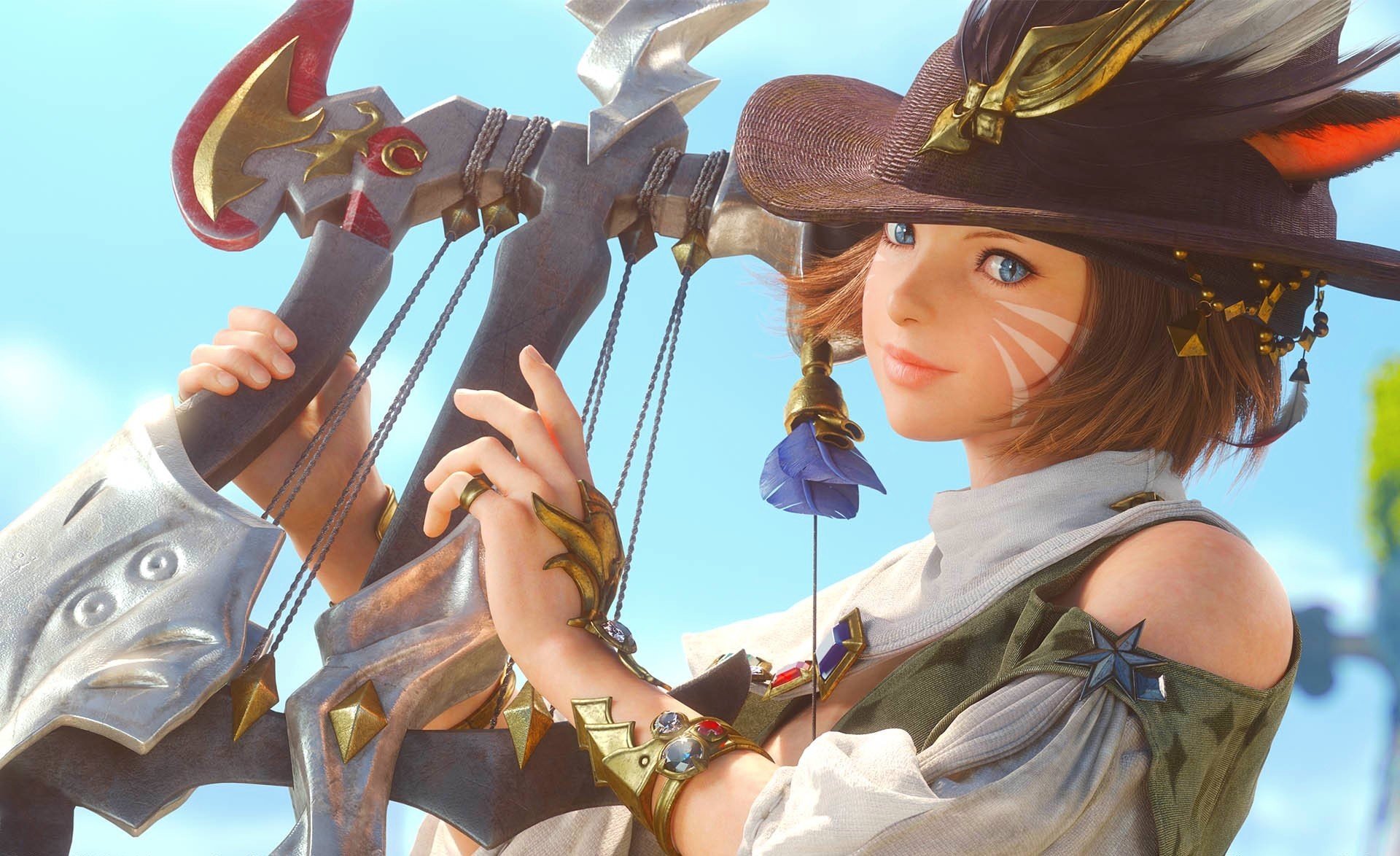 final fantasy xiv a realm reborn fille chapeau barde harpe plumes coloration yeux de chat oreilles