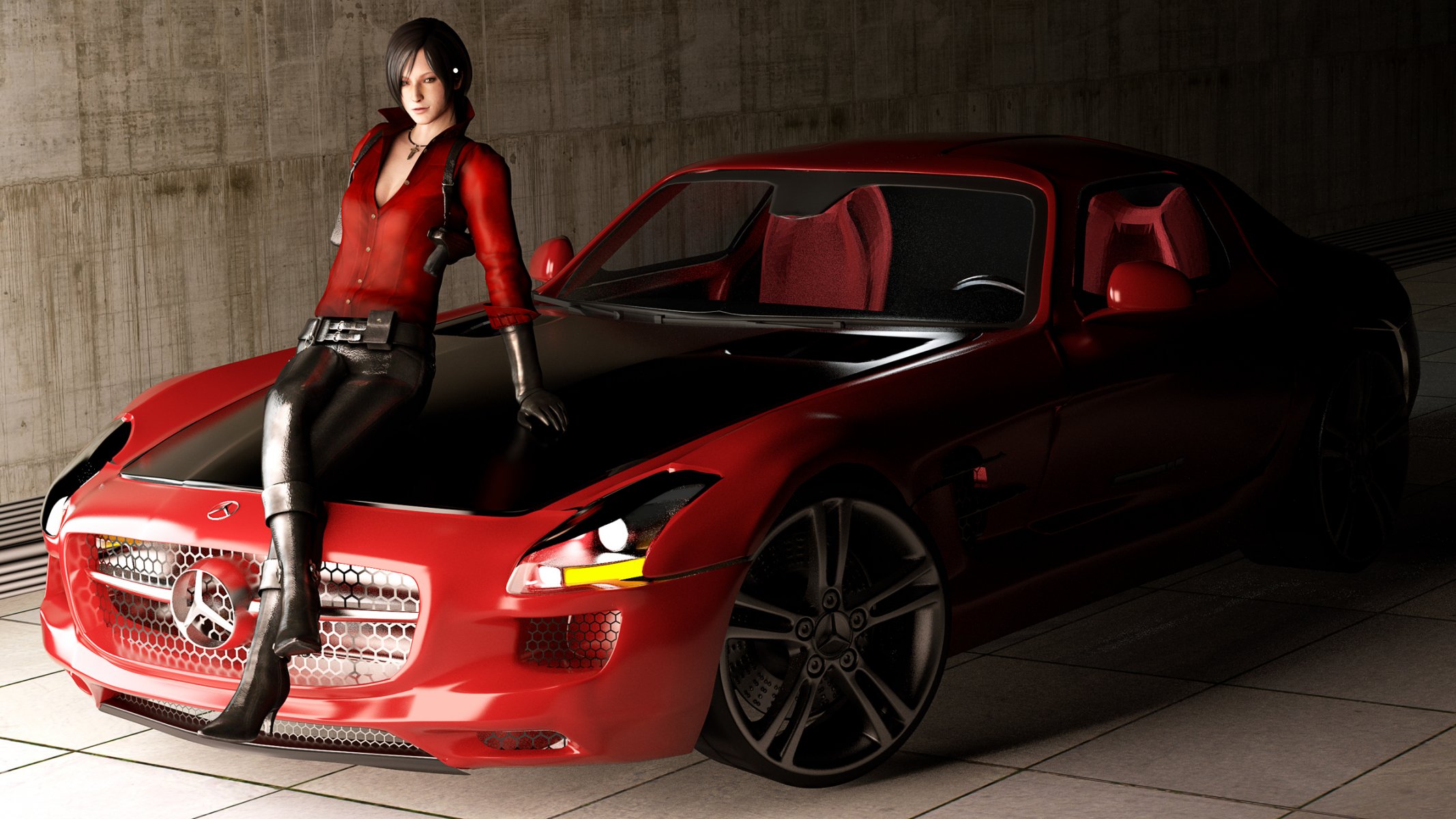 fan art ada resident evil mercedes benz sls amg roadster girl machine in red render