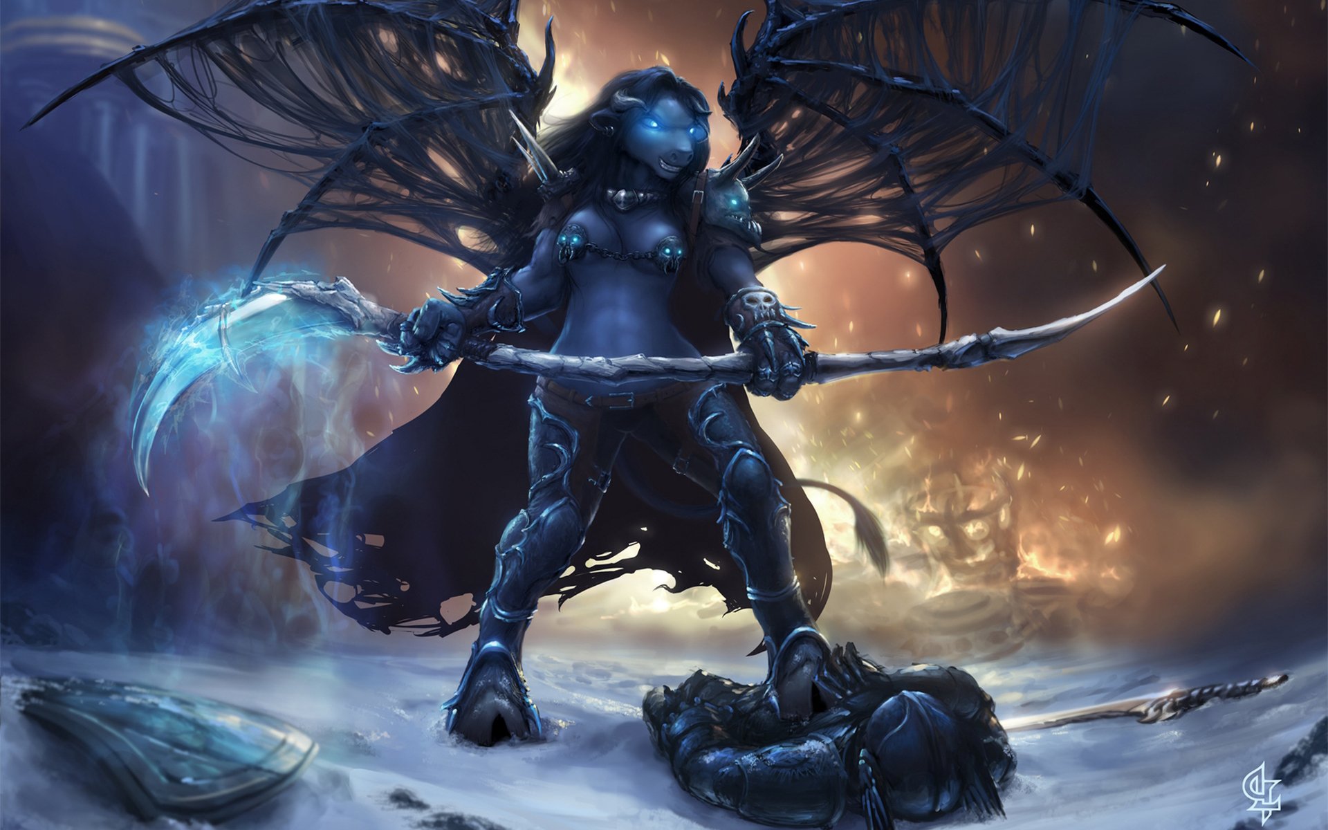 world of warcraft wow deathknight fanart tauren scythe wings flame magic