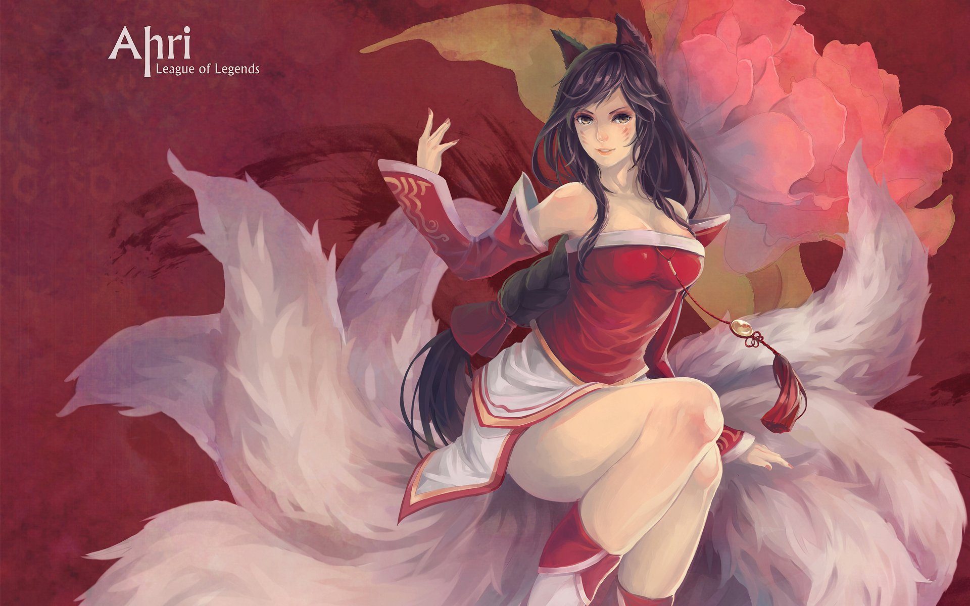 sztuka yupi ahri league of legends dziewczyna ogony uszy tło