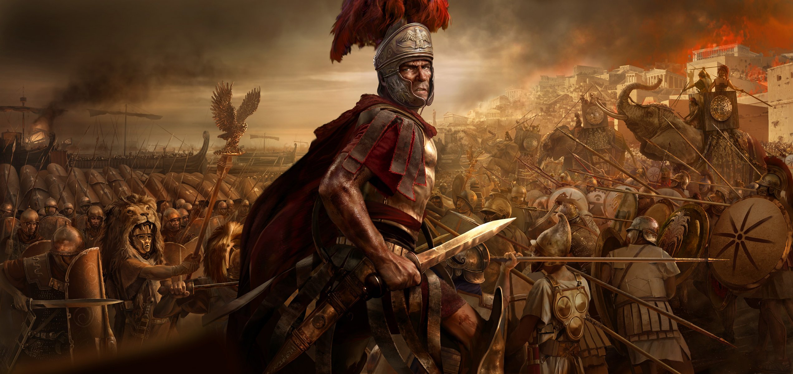 total war : rome 2 armee schlacht krieg soldaten elefanten feuer speere schilde schwert helm römische legion centurion aquilifer mantel scheide masken himmel flamme schiff creative assembly sega