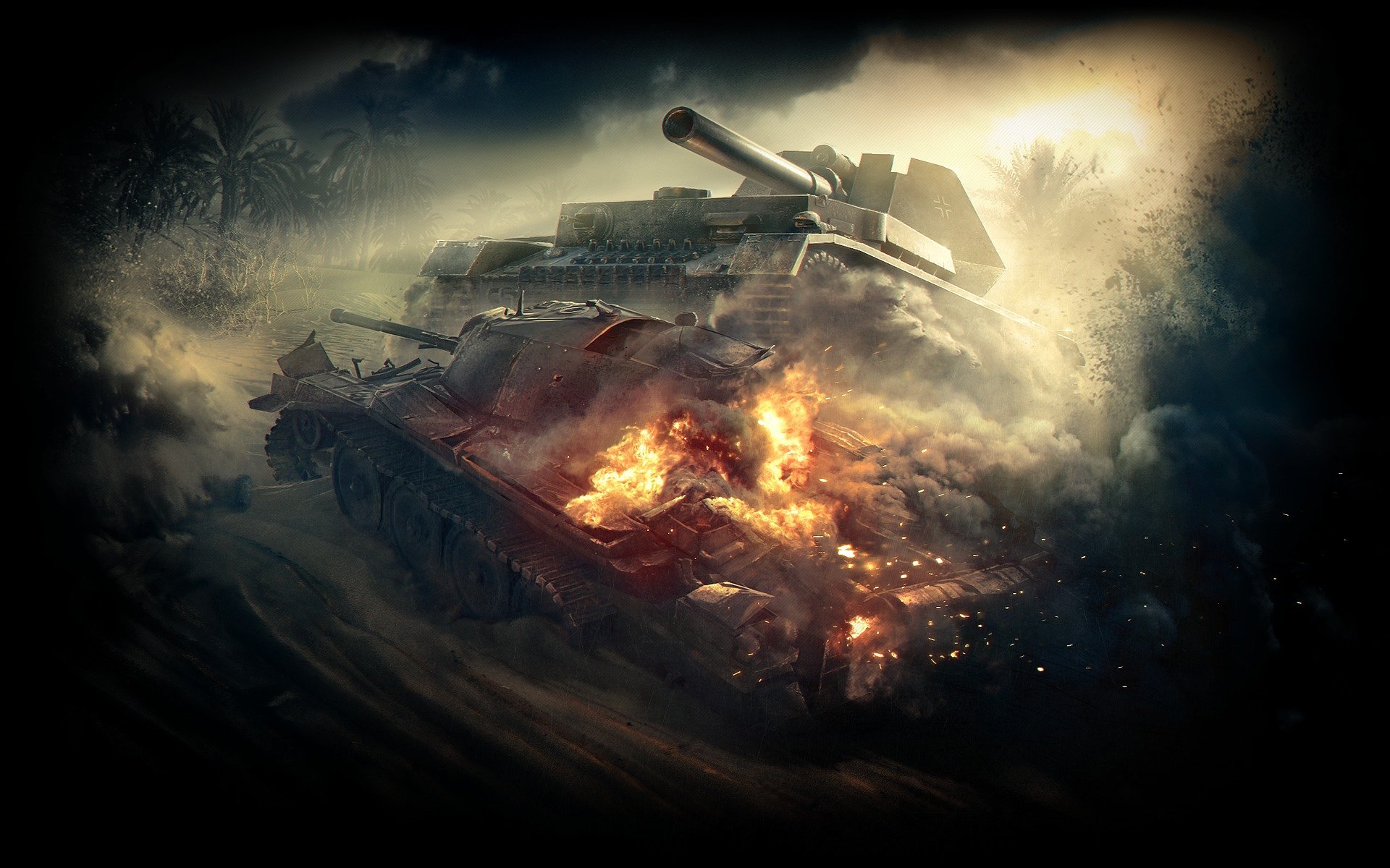 world of tanks wargaming netto wot przeciwpancerne działo samobieżne pt niemcy niemieckie działo samobieżne pt niemiecki czołg drzewa mgła ogień chmury płomień niebo kurz dym waffenträger auf pz.iv piasek pustynia palmy ziemia pień żelazo iskry zachód słońca pt-sau waffenträger wp