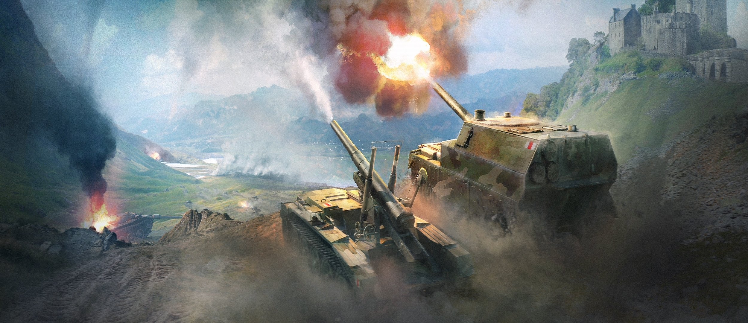 wargaming net world of tanks wot équipement britannique acs acs d artillerie crusader 5.5 v. sp fv3805 leopard-1 montagnes tir flamme feu nuages poussière fumée bâtiment eau camouflage art wp