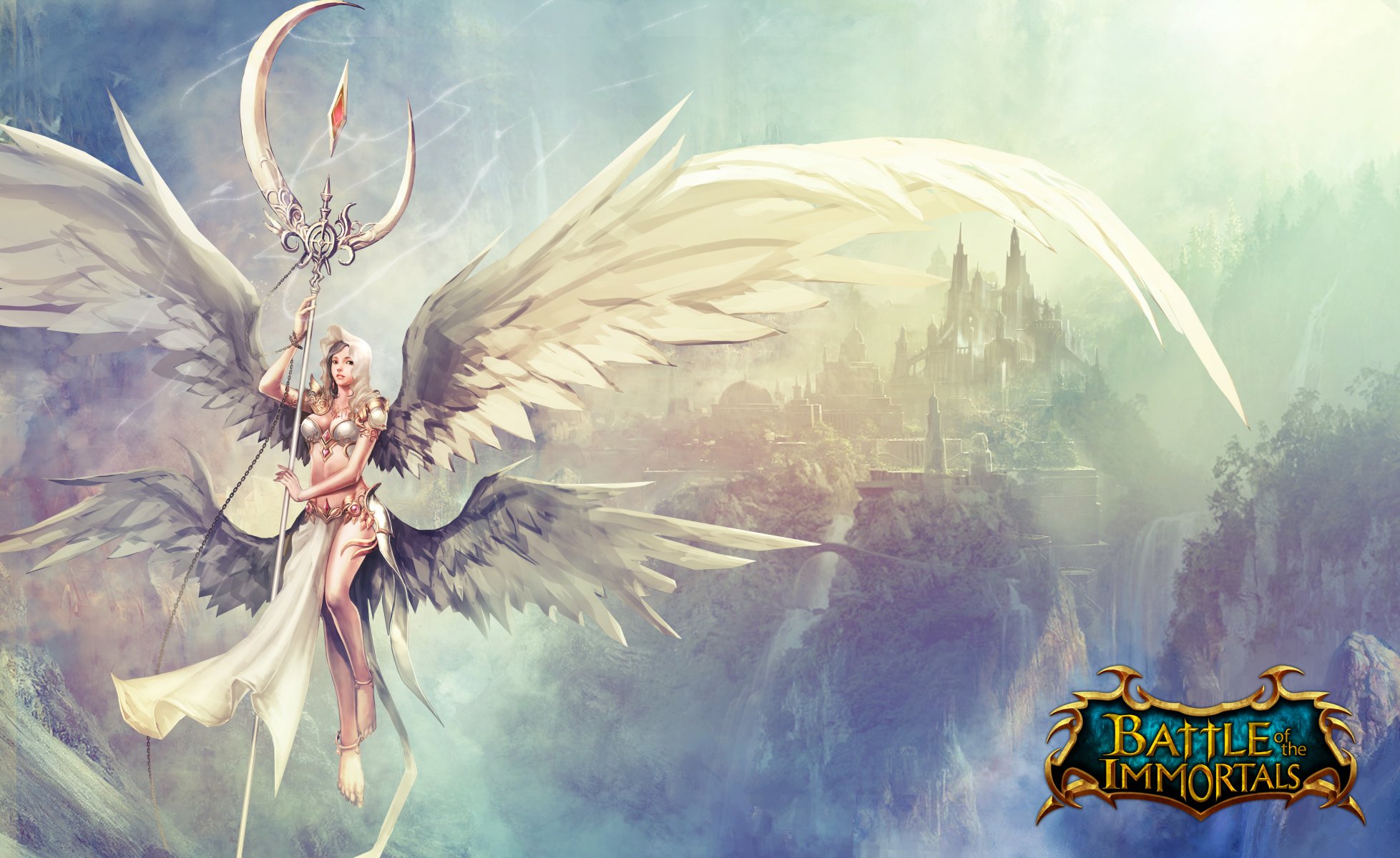 battle of the immortals game wallpapers battle immortal fantasy town mountain sun rays girl angel rod magic