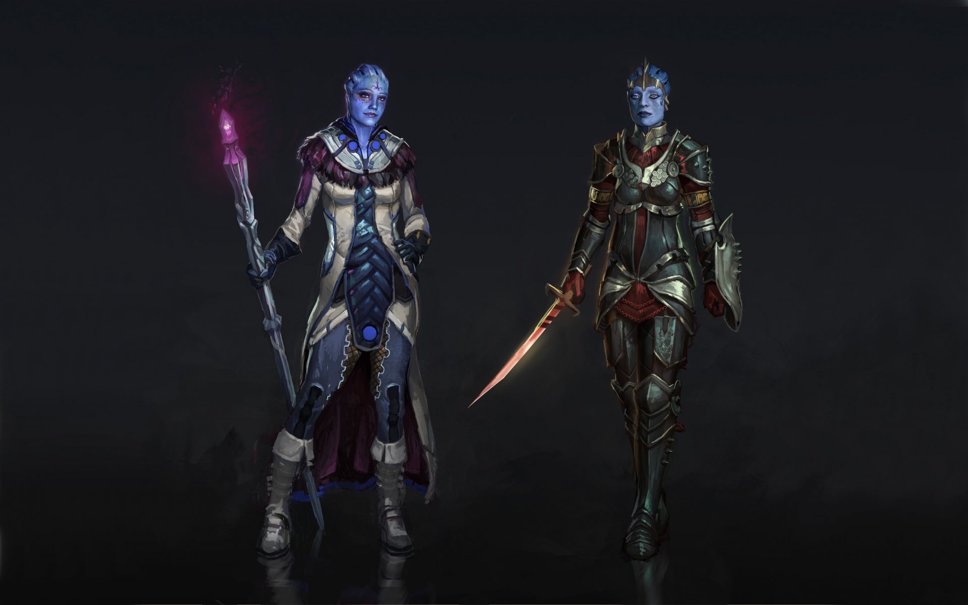 mass effect liara samara fanart warrior armour sword sorceress coat staff