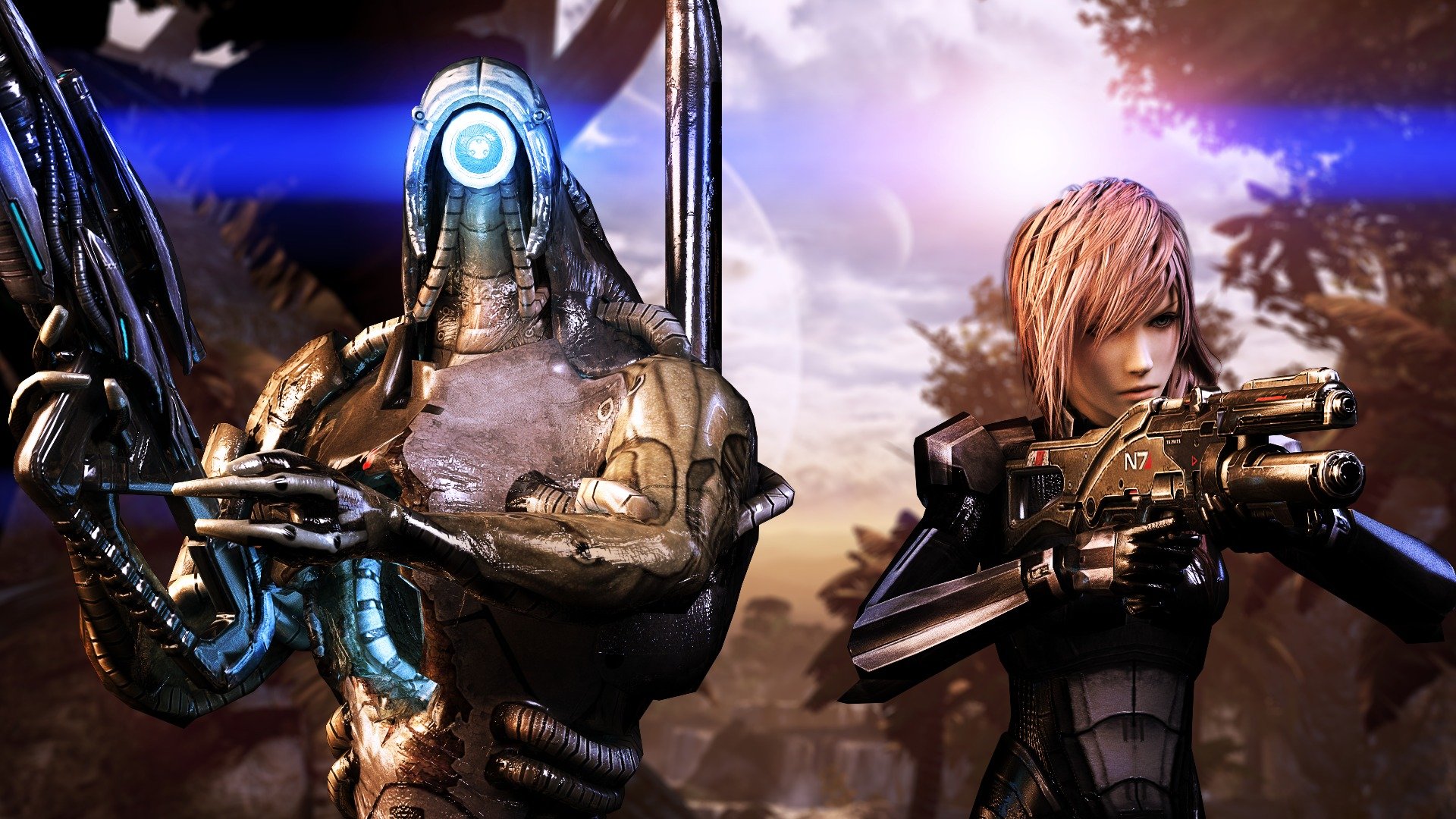 fan art collage mass effect final fantasy legion lightning girl robots n7 weapon