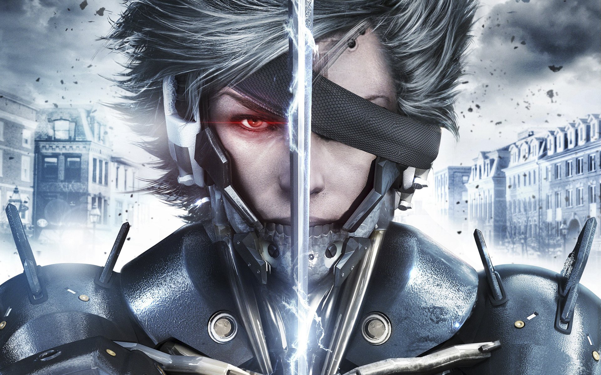 metal gear rising: vengeance ninja cyborg ryden maison épée armure courant oeil regard acier code à barres nuages konami jeux de platine kojima production