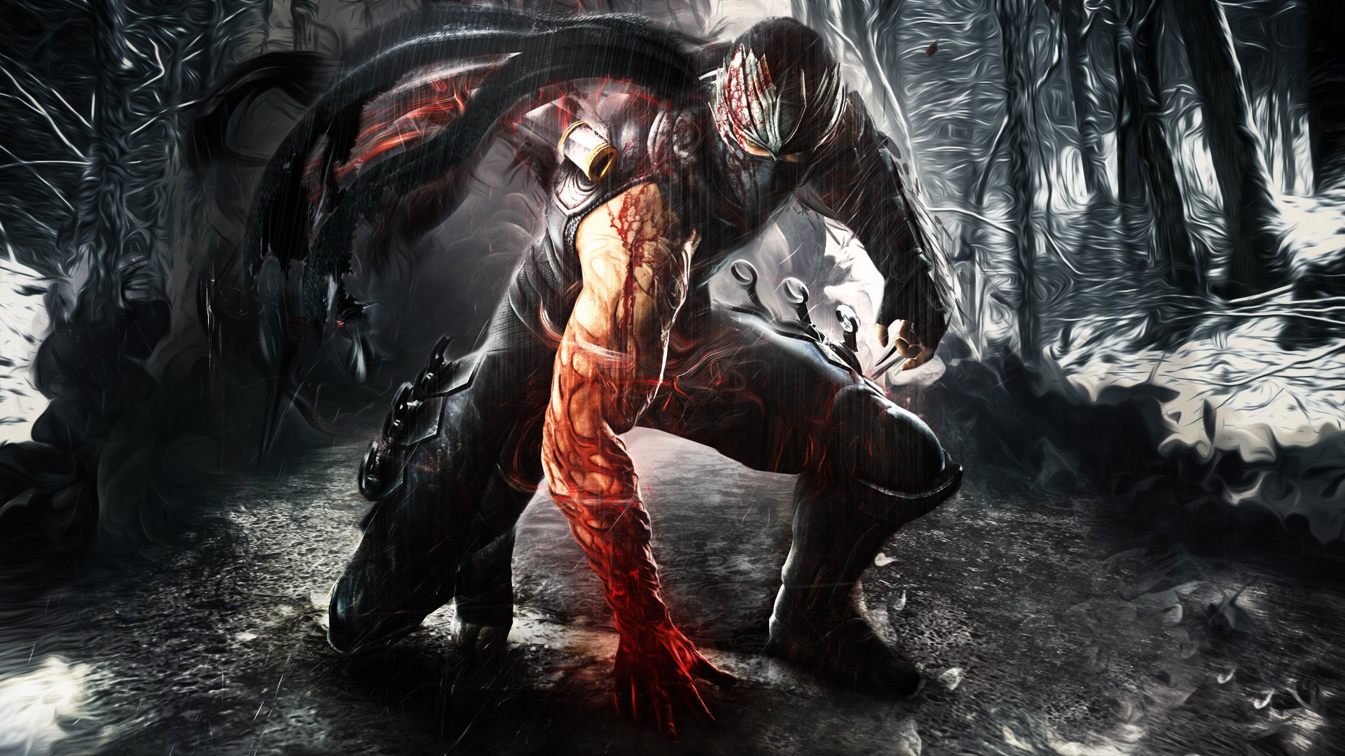 ninja gaiden chico ninja armadura máscara armas lluvia sangre