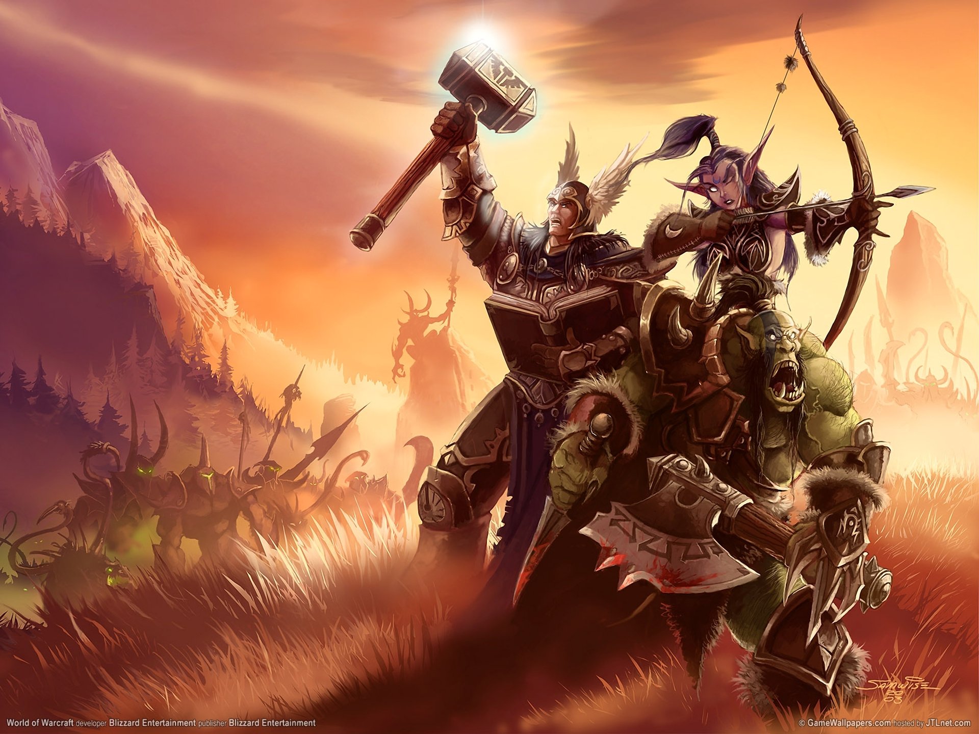 world of warcraft wow mann elfe ork rüstung waffen berge tal monster umgeben