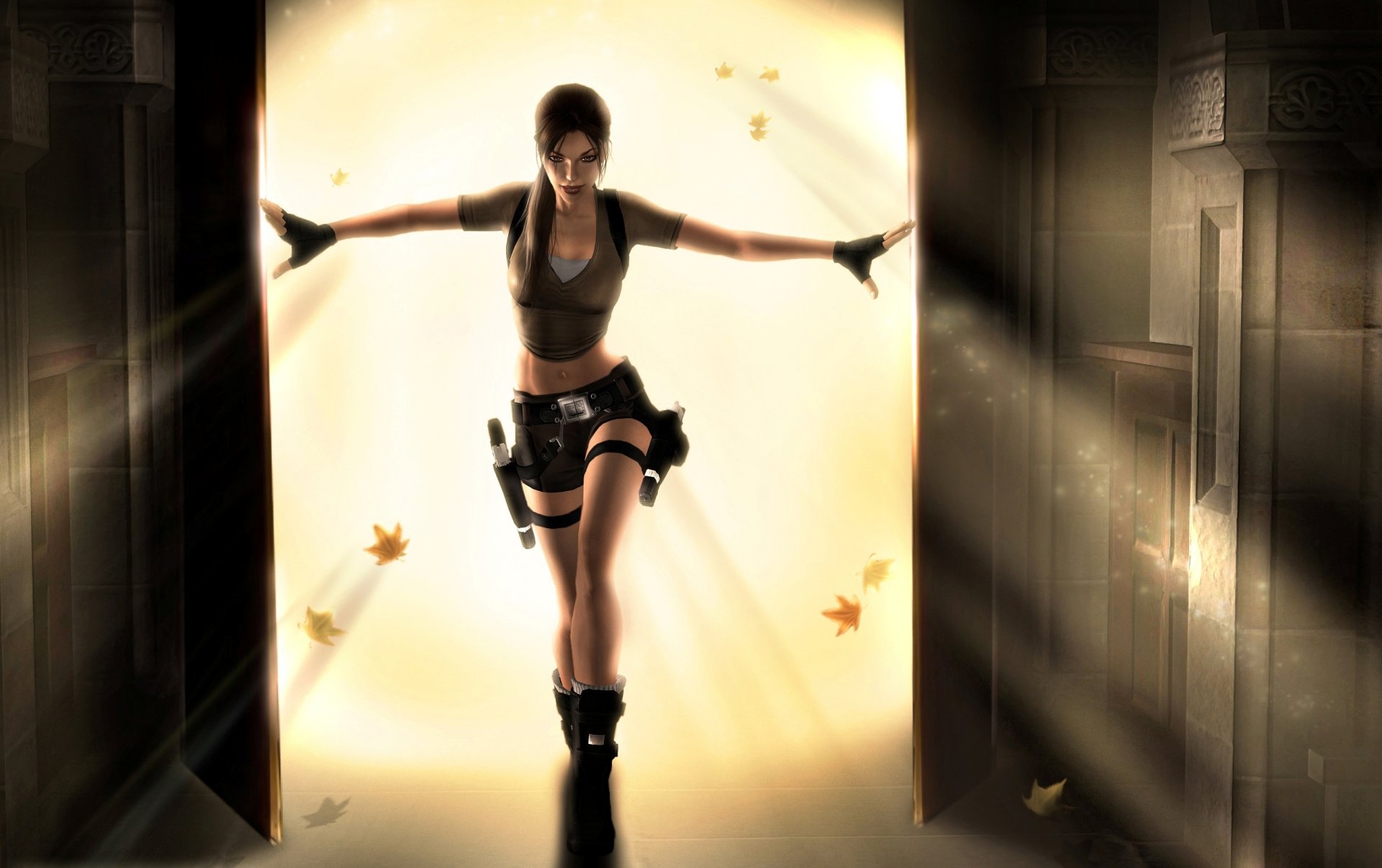 tomb raider lara croft fille science-fiction pistolets temple porte ombre jaune feuilles d érable