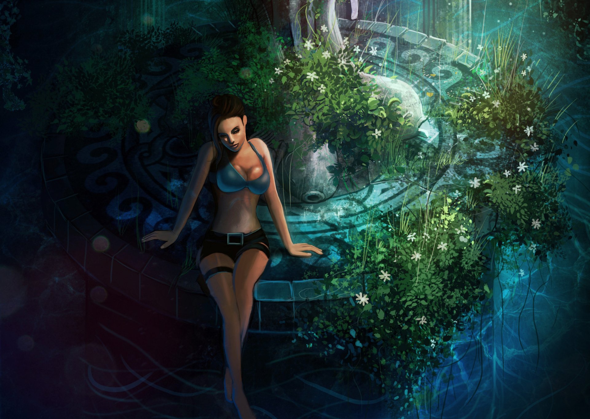 lara croft tomb raider girl shorts breasts sitting fountain flower grass game