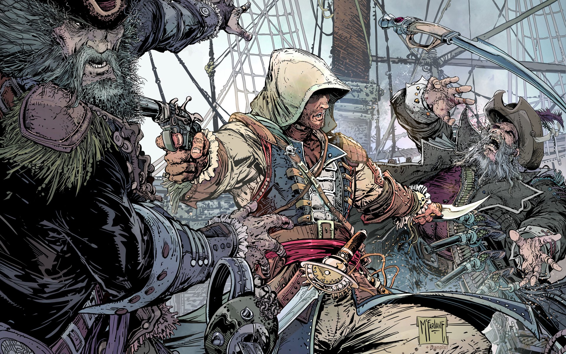 assassin creed 4: drapeau noir assassin creed 4: drapeau noir pirate assassin assassin edward kenway edward kenway barbe capot pistolet sabre arme bataille navire affiche affiche ubisoft entertainment