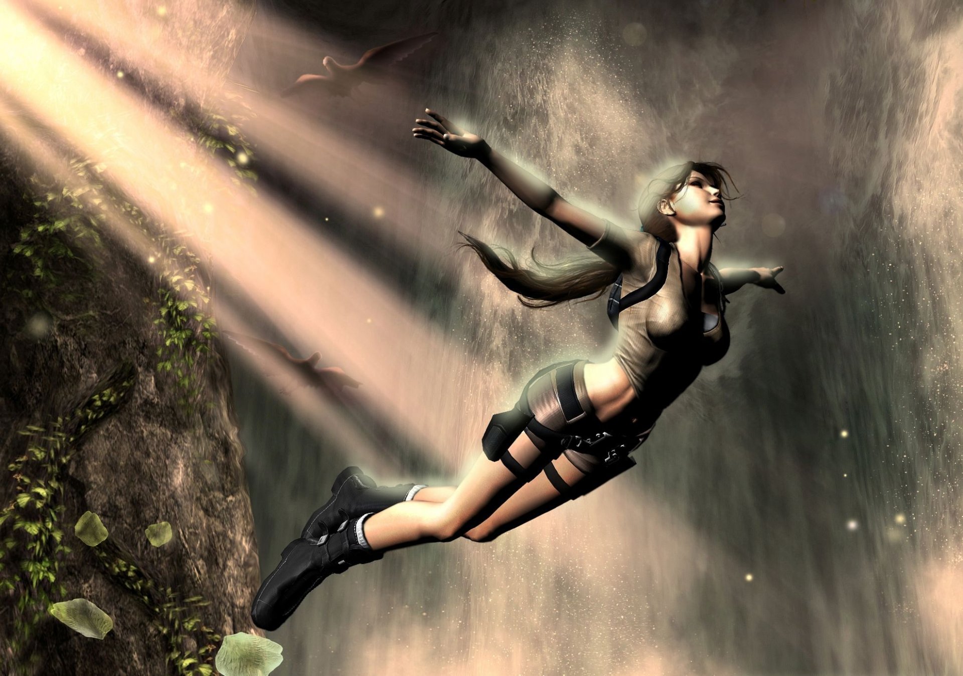 tomb raider lara croft tomb raider girl fiction jump rock birds waterfall