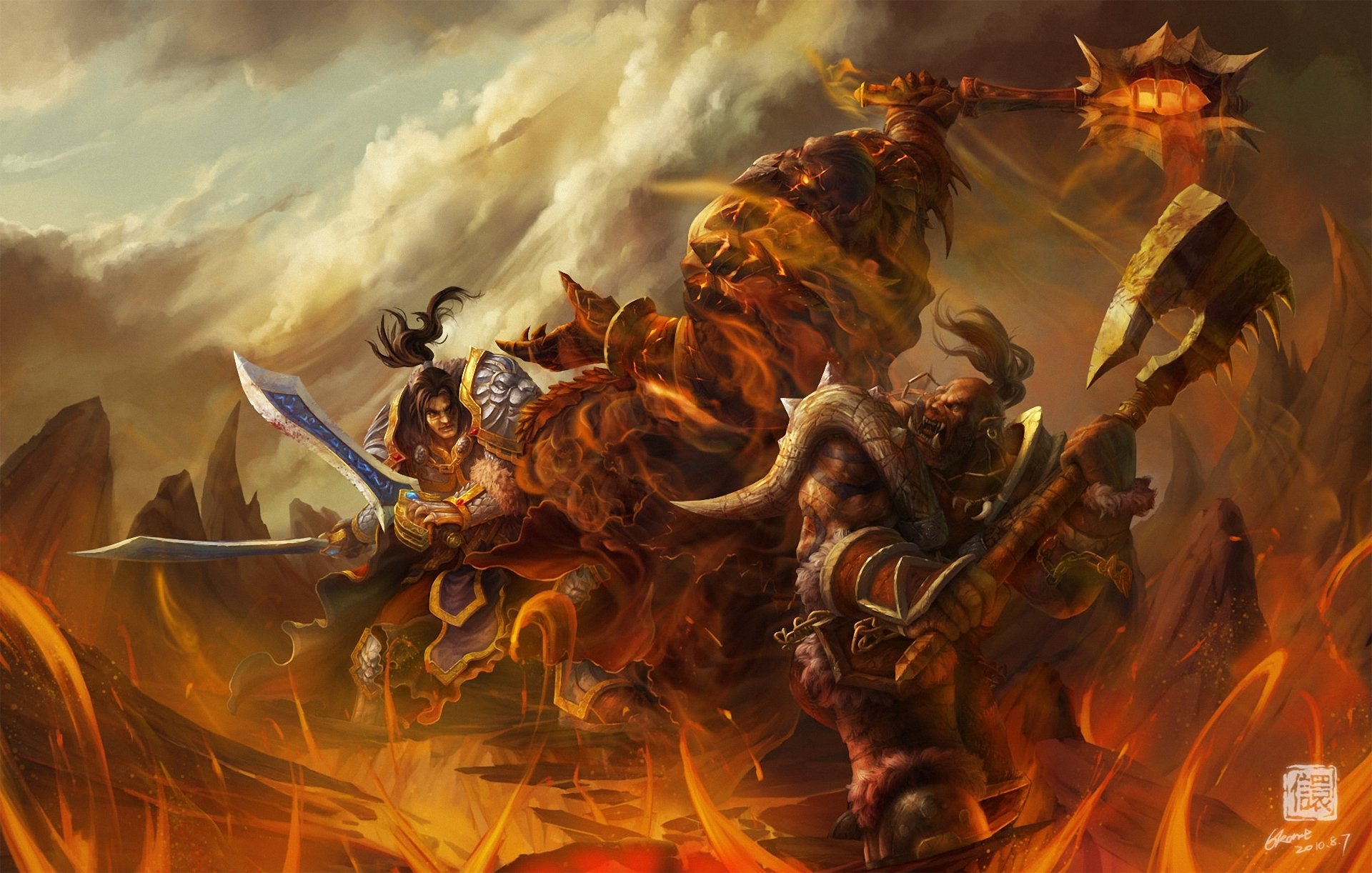 arte wow mundo de warcraft batalla orco guerrero monstruo armas fuego lava rocas