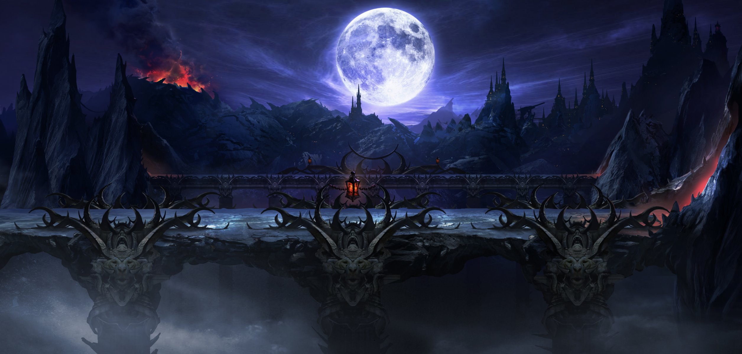 art mortal kombat night landscape moon bridge rock castle volcano