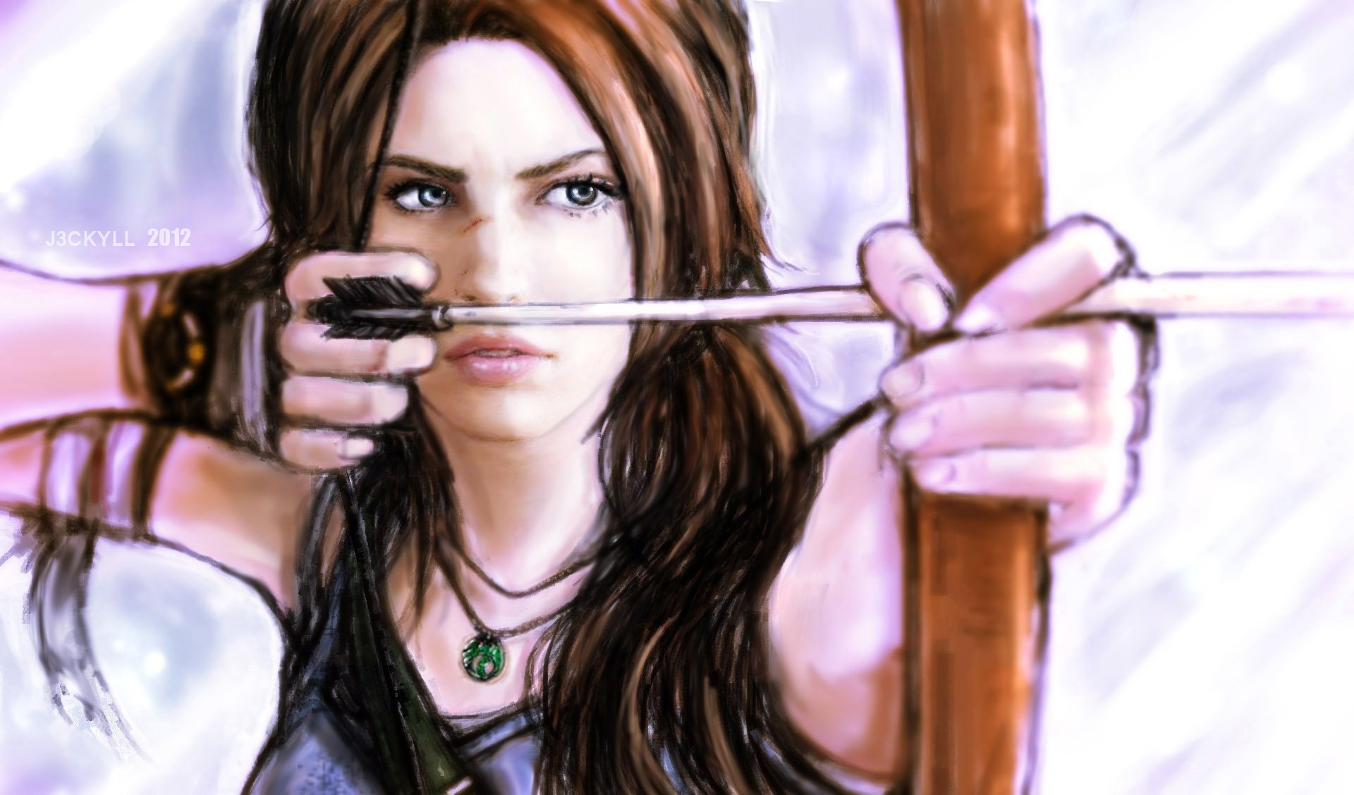 lara croft tomb raider chica juego cara mirada pelo guantes arma arco flecha arte dibujo