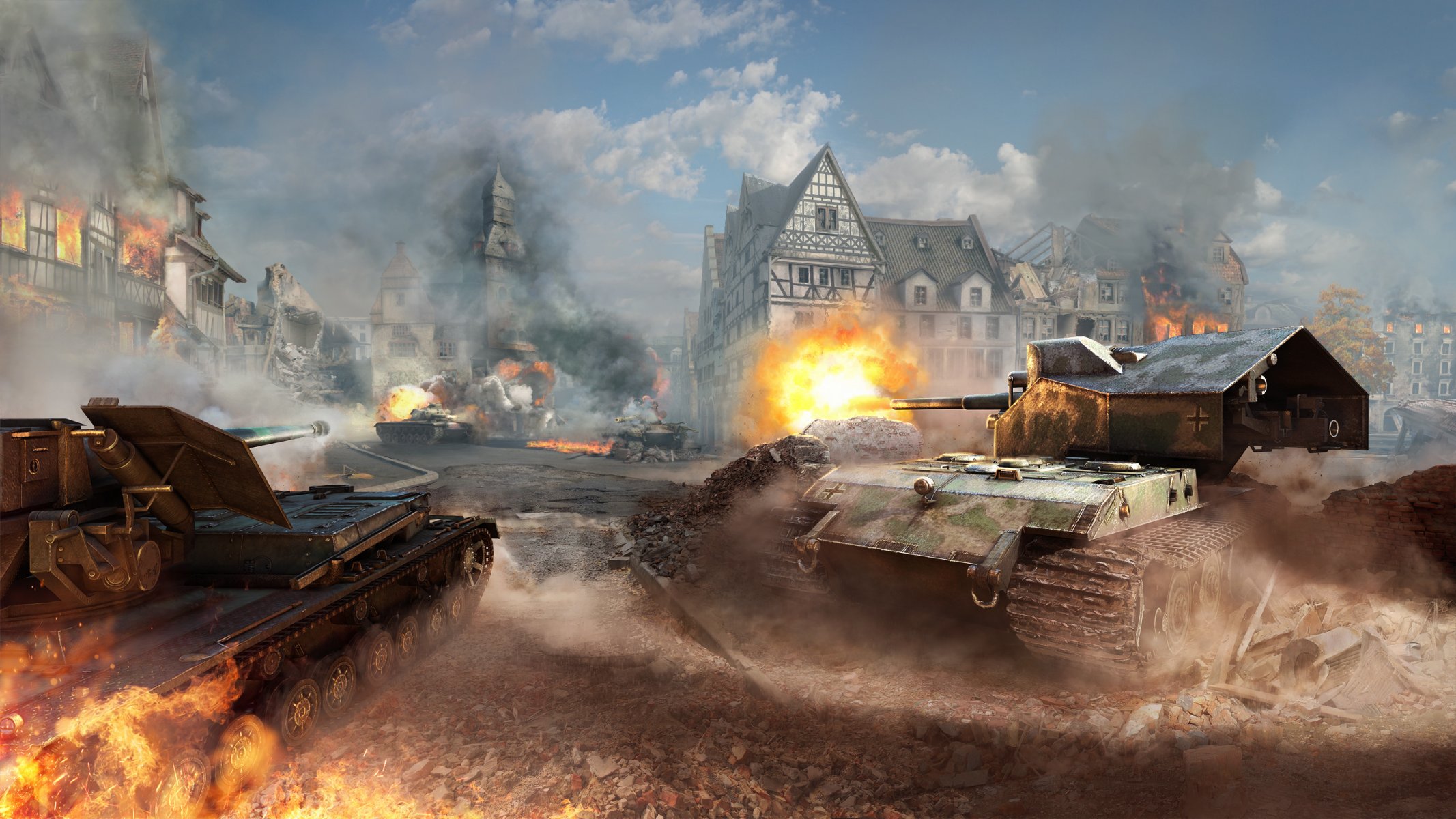 world of tanks wargaming net wot waffenträger auf e 100 deutsche fr-sau waffenträger auf pz. iv fr panzerabwehr-acs waffenträger tarnung wg feuer fass eisen wolken häuser flamme himmel staub rauch schuss update 8.9