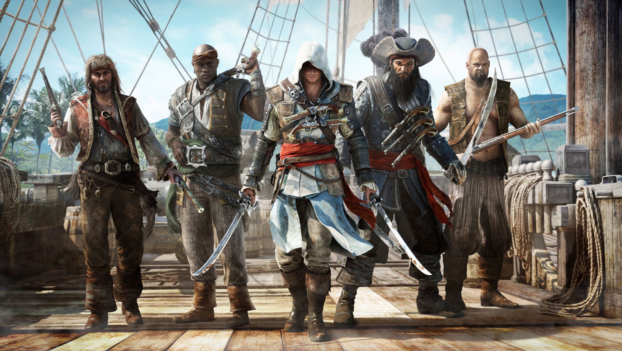 assassin creed iv: black flag assassin creed 4: czarna flaga piraci assassin zabójca edward kenway edward kenway broń szable pistolety kaptur edward teach czarny statek beczki ubisoft