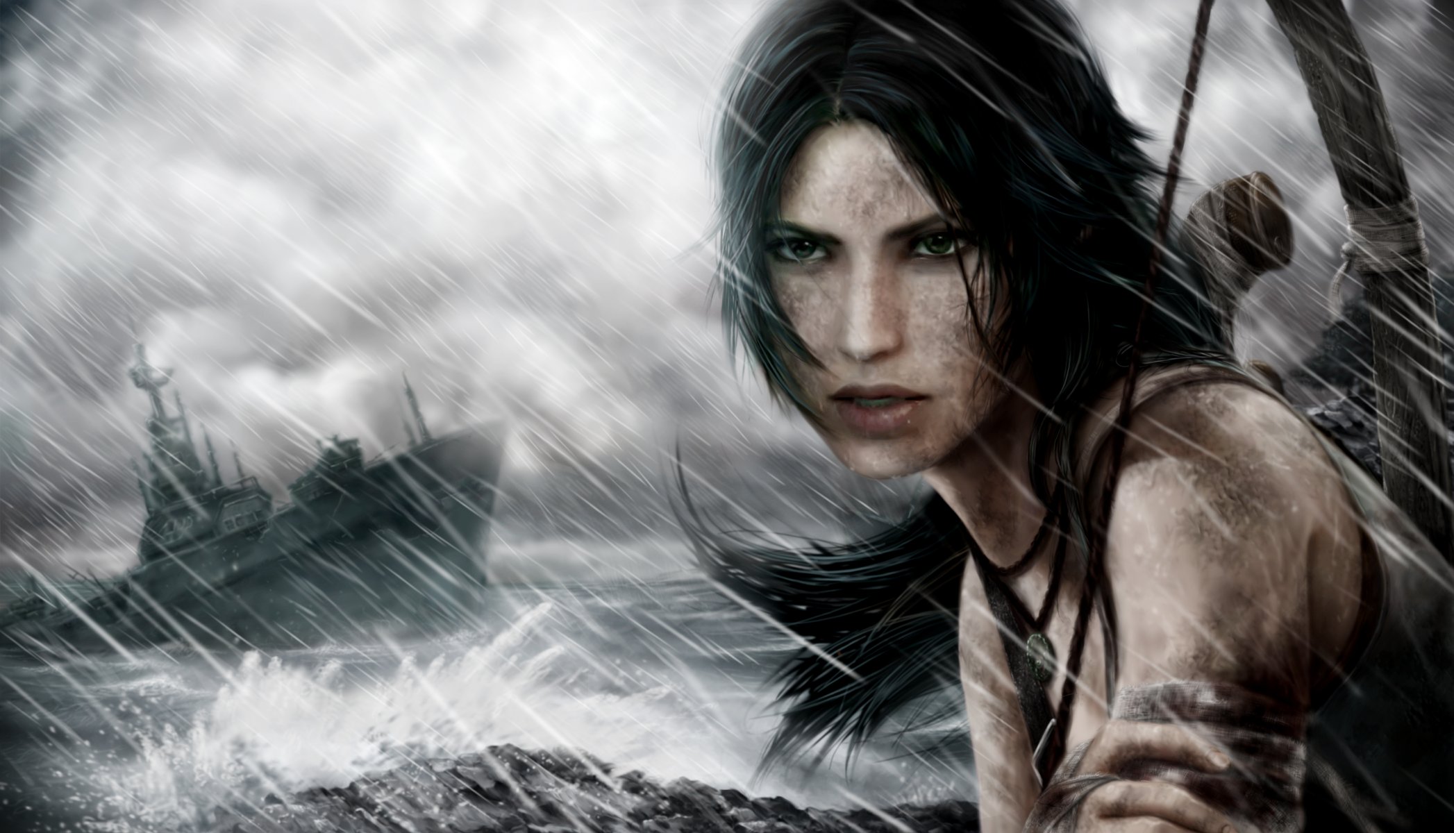 lara croft tomb raider gioco ragazza arma arco viso occhi capelli coda di cavallo sguardo mano nave mare onde cielo tempesta