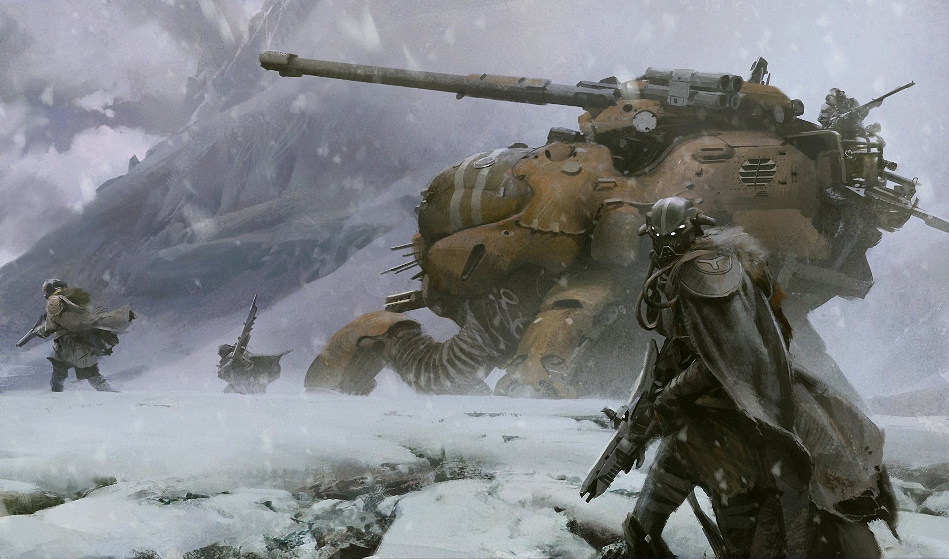 arte destino montañas nieve soldados militar armas mechas robot tanque capa casco