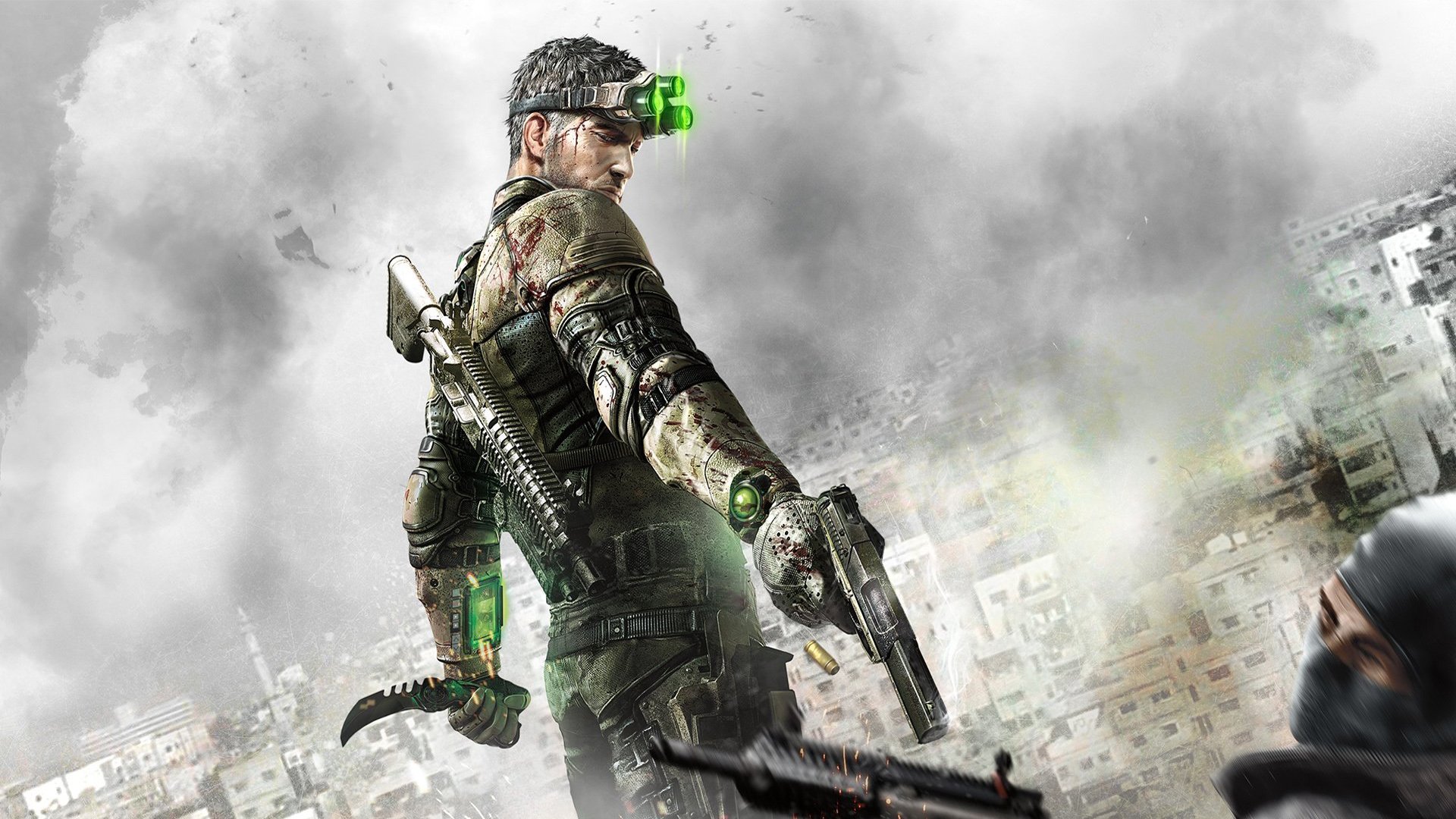 tom clancy splinter cell : blacklist geteilte zellen: schwarze liste sam fisher samuel leo fisher samuel l. fisher agent waffe pistole maschinengewehr hülse haus messer nachtsichtbrille terrorist schuss wolken ausrüstung ubisoft toronto