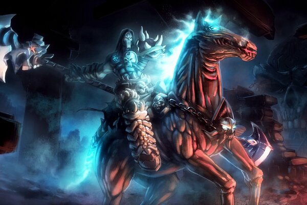 Peinture d art. darksiders 2. loyvet pierre. le cavalier de la mort, un mort-vivant sur un cheval