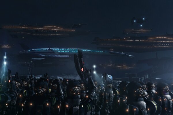 A battalion of space soldiers on the background of space cruisers