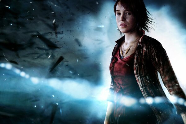 Bild aus dem Spiel beyond: two souls. Mädchen auf dem Hintergrund der Trümmer