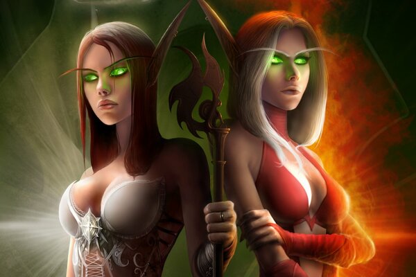 Two beautiful elf girls under green and red light