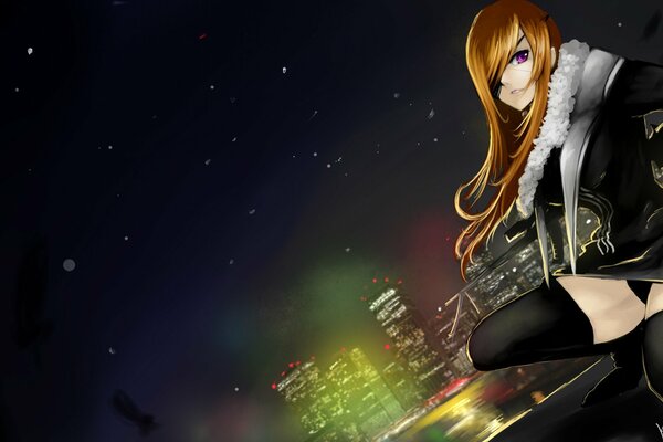 Image fantastique d une fille Rousse dans le style d anime sur le fond de la ville de nuit