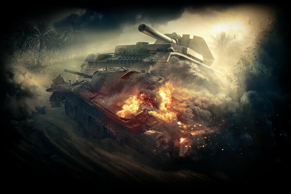 A tank with a cannon muzzle on a hill on fire