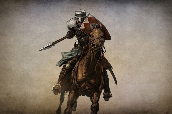 Cavaliere con scudo che corre a cavallo