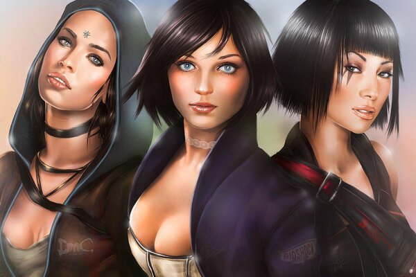 Три симпатичные рисованые девушки