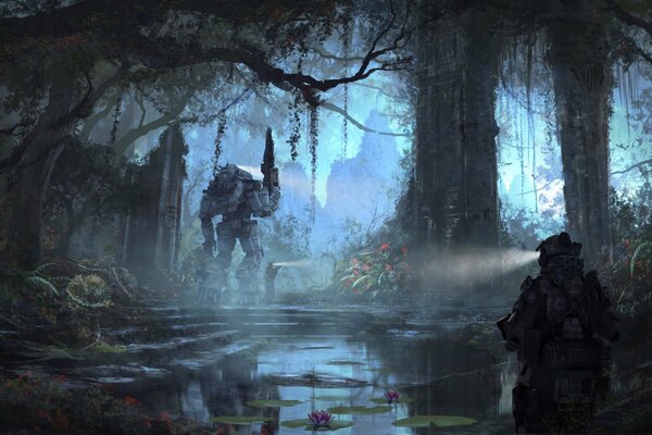 Titanfall art. Robot and soldier in the forest