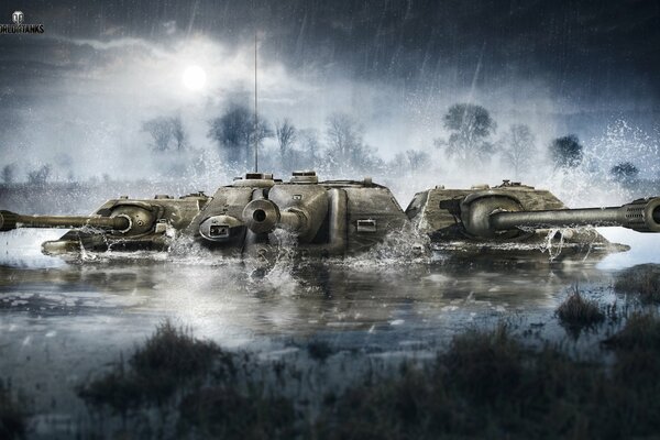 Три танка в воде под дождем. Wot