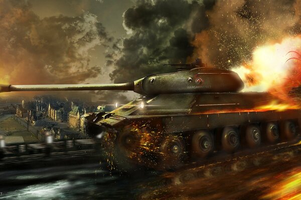 The tank rushes among a cloud of fire and smoke