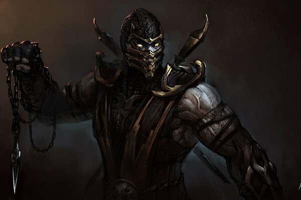 Fan art di Scorpion di mortal kombat mascherato e con un coltello