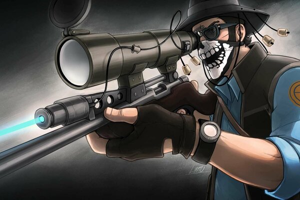 A sniper in a hat glasses and a headscarf is aiming with a rifle