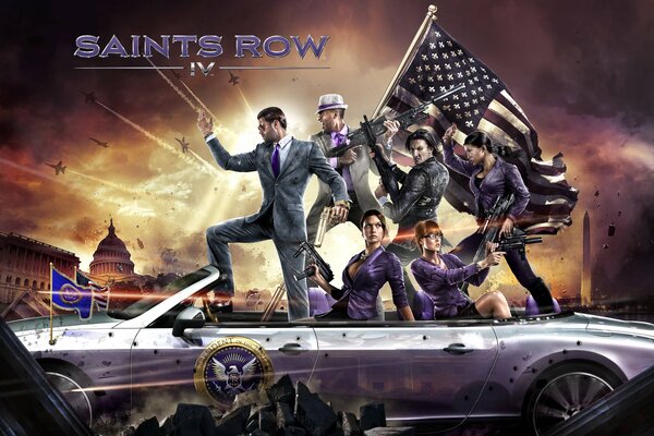 Saints row 4. deep silver characters. Washington. a wheelbarrow with a flag